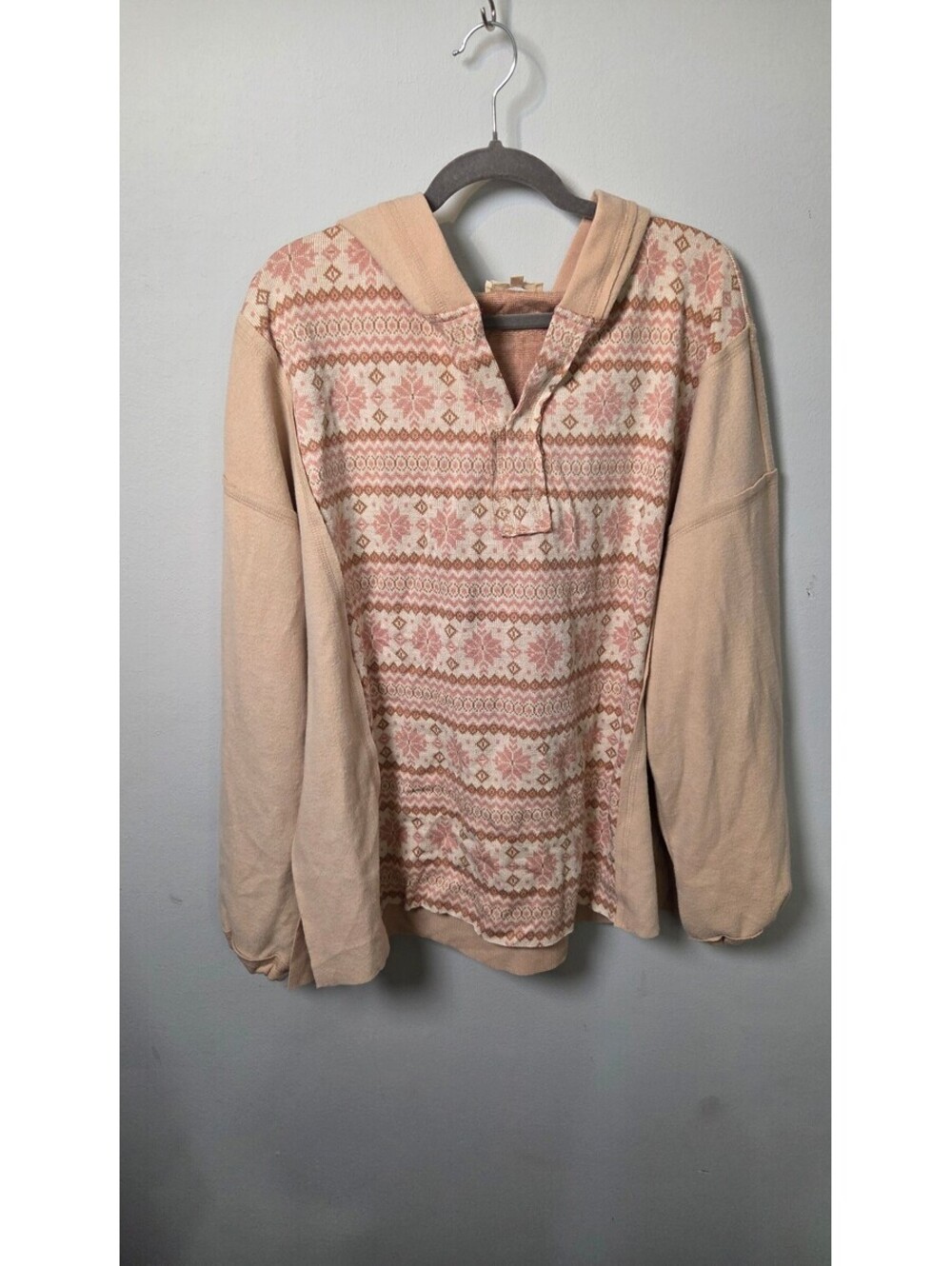 Easel Women’s Medium Blush Pink Fair Isle Hooded Pullover Sweater Boho Cozy